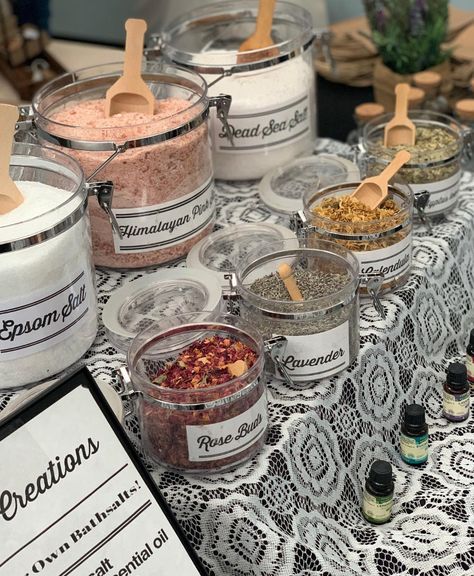 Build Your Own Bath Salt Bar, Bath Salts Bar, Bath Salt Bar Display, Bath Salt Bar Party, Herbal Organization, Bath Salt Bar, Diy Bath Salts With Essential Oils, Herbal Design, Diy Bath Salt