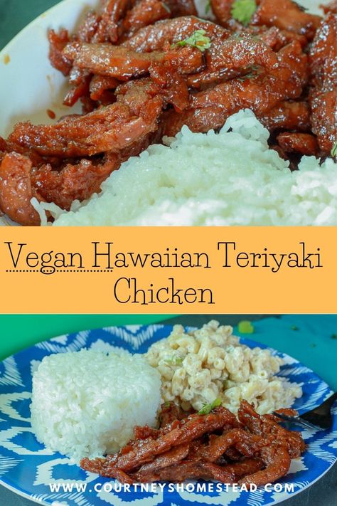 Vegan Hawaiian Teriyaki Chicken - Courtney's Homestead Hawaiian Teriyaki Chicken, Soy Curls Recipes, Mac Salad Recipe, Teriyaki Chicken Recipe, Vegan Summer Recipes, Chicken Teriyaki Recipe, Vegan Chicken, Meat Alternatives, Summer Recipes Dinner