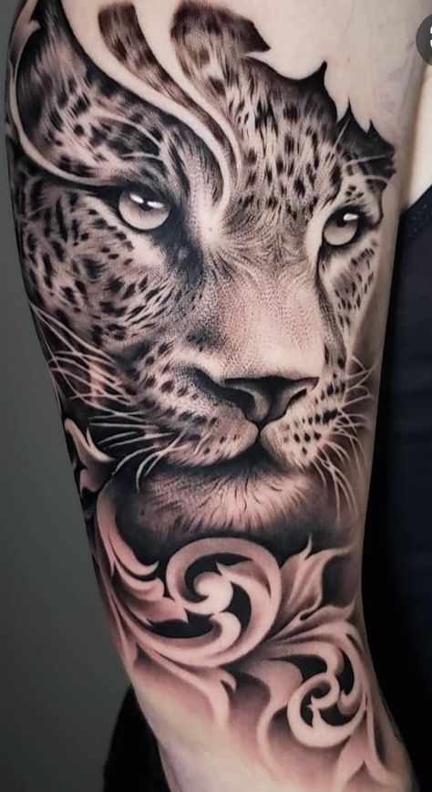 Tiger Tattoo On Arm, Realistic Tiger Tattoo, Kurt Tattoo, Panther Tattoos, Cheetah Tattoo, Tiger Tattoo Sleeve, Jaguar Tattoo, Tattoo On Arm, Animal Sleeve Tattoo