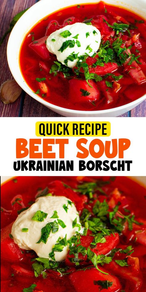 Delve into the delicious world of Ukrainian cuisine with this Vegetarian Borscht Soup. A savory combination of beets, potatoes, and a medley of vegetables, it's a warming and nutritious soup ideal for cooler days. Vegan Borscht, Vegetarian Borscht, Ukrainian Borscht, Beet Borscht, Beet Soup Recipes, Borscht Soup, Beet Soup, Vegetarian Soup Recipes, Cold Soup