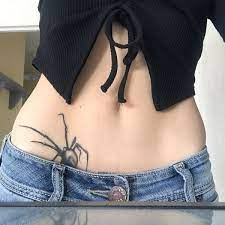 Stomach Tattoos Spider, Spider Tattoo On Waist, Spider Tattoo For Women Stomach, Spider Stomach Tattoos Women, Spider Tattoo For Women Hip, Waist Spider Tattoo, Spider On Hip Tattoo, Shoulder Spider Tattoo, Stomach Spider Tattoo