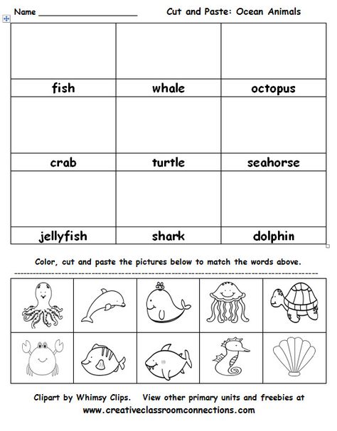 Ocean Animals cut and paste activity is great for vocabulary practice. View this and other ocean materials at www.creativeclassroomconnections.com. Dolphin Worksheet, Sea Animals Preschool, Ocean Animals Preschool, Ocean Lesson Plans, Ocean Theme Preschool, Ocean Habitat, Animal Activities For Kids, Animal Lessons, Thanksgiving Worksheets