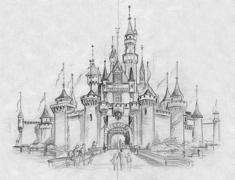 Castle Sketch Simple, Simple Castle Drawing, Disneyland Sketch, Fantasy Castle Drawing, Disney Castle Drawing, Disneyland Art, Castle Sketch, Easy Drawing Step By Step, Castle Architecture