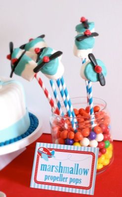 This party is a trains, planes, & automobiles theme, but there are some really cute airplane ideas.   [3-31-2012] Birthday Marshmallows, Airplane Birthday Party Food, Airplane Party Theme, Disney Planes Party, Helicopter Birthday, Planes Birthday Party, 4de Verjaardag, Planes Birthday, Transportation Birthday