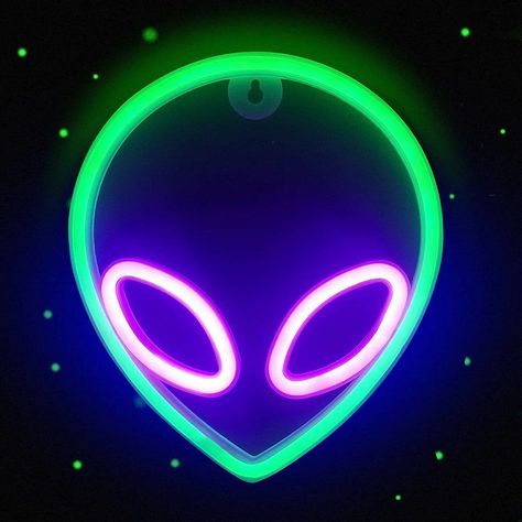 #NeonSigns #BrightIdeas #NeonSignNames #NeonInspiration #NeonRoom #RoomDecor Game Room Aesthetic, Man Cave Stuff, Boys Gaming Room, Wall Decor Game Room, Cool Alien, Neon Lights Bedroom, Stained Glass Table Lamps, Green Led Lights, Lamp Green