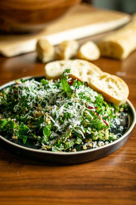 Lemon Parmesan Swiss Chard Salad - We All Eat Together Lemon Parmesan Salad, Chard Recipes Healthy, Swiss Chard Salad, Garden Meals, Chard Salad, Baked Caprese Chicken, Crunchy Garlic, Pescatarian Meals, Parmesan Salad