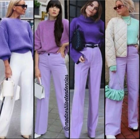 Outfit With Purple Pants, Purple Pant Outfits, Lilac Pants Outfit Color Combos, Purple Pants Outfit Work, How To Style Purple Pants, Violet Pants Outfit, Purple Combination Outfits, Violet Outfit Ideas, Purple Trousers Outfit