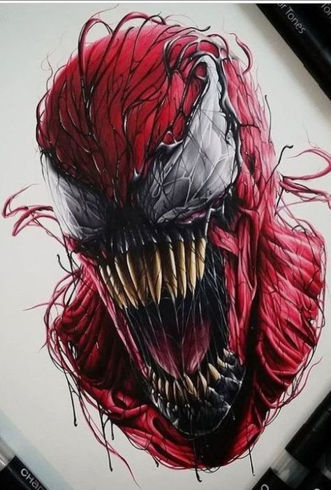 Carnage  °° Venom Tattoo, Carnage Marvel, Venom Art, Venom Comics, Marvel Tattoos, Spiderman Cosplay, Marvel Venom, Marvel Drawings, Marvel Villains