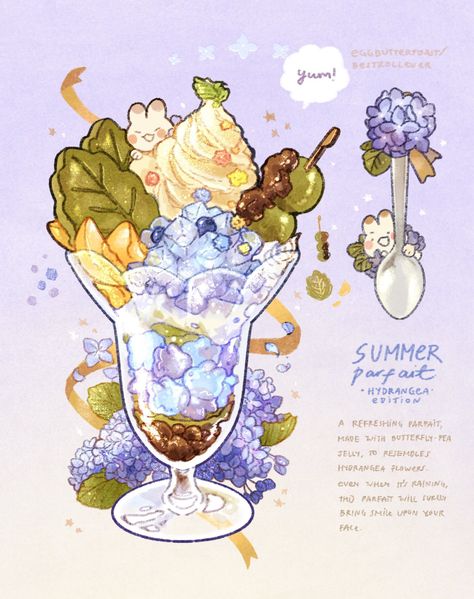 Nao ☕🌨️ on Twitter: "🍡🍨Seasonal parfait is here! 🍨🍡 Which one would you like to order? 🌸The sweet cherry blossom parfait, or the refreshing hydrangea parfait, the choice is yours! 💧✨… https://t.co/Z43ohNQVpr" Dessert Illustration, 귀여운 음식 그림, Foodie Art, Food Artwork, Food Sketch, Food Illustration Art, Posca Art, Cute Food Drawings, Cute Food Art