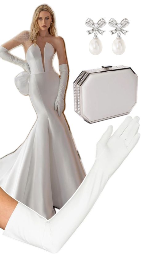 Bride wearing wedding dress with white opera over the elbow gloves, and a white bridal clutch. White Opera Gloves, Fitting Wedding Dress, Wedding Dress With Gloves, Form Fitting Wedding Dress, Dress With Gloves, Gloves Fashion, White Clutch, Opera Gloves, Elegant Wedding Dress