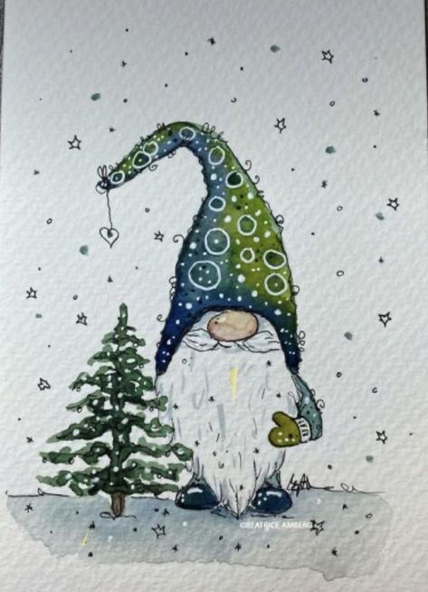 Watercolor Gnomes Christmas, Learn Watercolor Painting, Winter Watercolor, Christmas Card Art, Watercolor Christmas Cards, Hur Man Målar, Happy Paintings, Diy Christmas Cards, Christmas Drawing