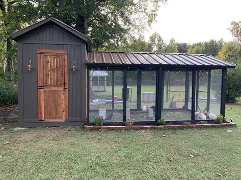 Chicken Coop Ideas & Everything Backyard Chicken | My new coop built by my husband and decorated by me Dog Pen Into Chicken Coop, Chicken Coop With Fence Around It, Chook Pen Ideas Backyard Chickens, Chicken Coop With Covered Run, Chicken Coop Enclosure Ideas, Black And White Chicken Coop Ideas, Chicken Coop Off Shed, Chicken Coop Porch, Dogs And Chickens