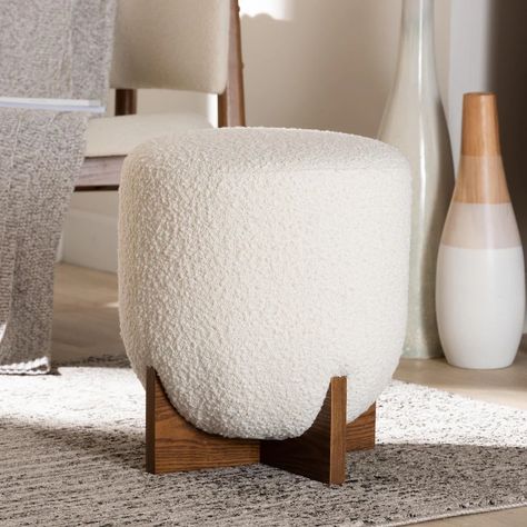 Fisk Japandi Cream Boucle Fabric and Walnut Brown Finished Wood Ottoman Footstool - On Sale - Bed Bath & Beyond - 38229786 Wood Ottoman, Ottoman Footstool, Baxton Studio, Ottoman In Living Room, Boucle Fabric, Upholstered Ottoman, Chic Casual, Pouf Ottoman, Upholstered Bench