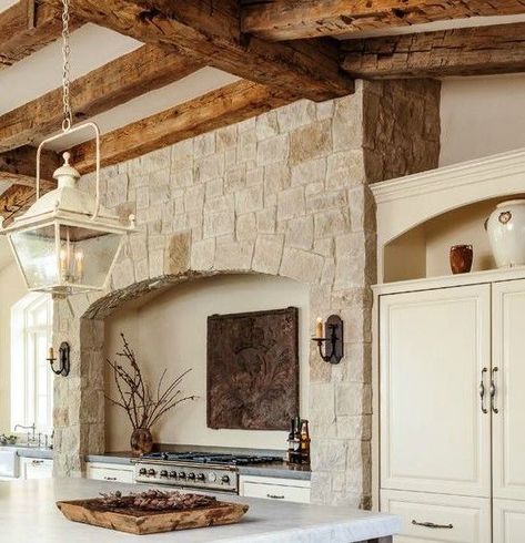 Stone Arch Over Kitchen Stove, Stone Kitchen Hood Ideas, Stone Arch Kitchen, Brick Range Hood Surround, Stone Stove Hood, Stone Hoods In Kitchen, Stone Vent Hood, Rock Kitchen, Country Kitchen Ideas