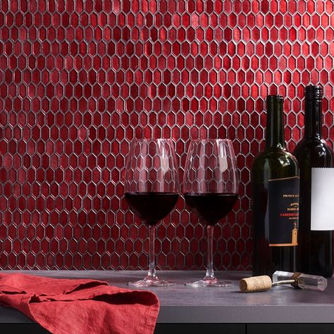 Flicker Metallic Red Polished Glass Mosaic Tile | Tilebar.com Red Tile Countertops Kitchen, Red Shower Tile, Red Tile Backsplash, Red Backsplash Kitchen, Red Granite Countertops, Red Kitchen Tiles, Hexagon Wall Tile, Railroad Apartment, Glass Mosaic Tile Backsplash