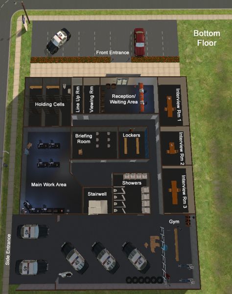 overviewlabel 2 Story Restaurant Design, Bloxburg Police Station Decal Codes, Bloxburg Police Station, Bloxburg Prison, Police Station Aesthetic, Prison Layout, Small Police Station, Prison Architect Layout, Police Station Floor Plan