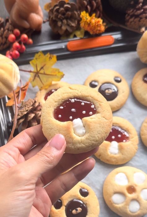 Autumn Thumbprint Cookies — Oh Cakes Winnie International Baked Goods, Thump Print Cookies Easy, Mushroom Thumbprint Cookies, Fall Thumbprint Cookies, Apple Butter Thumbprint Cookies, Toadstool Thumbprint Cookies, Pumpkin Whoopi Pies, Cookie Recipes Thumbprint, Oh Cakes Winnie