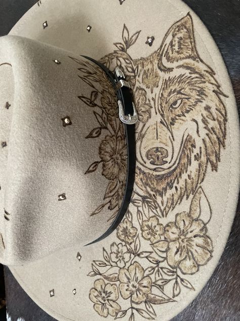 Wood Burned Hats, Burn Hats, Burned Hats, Boho Hats, Hat Burning, Wolf Hat, Custom Cowboy Hats, Painted Hats, Wood Burning Crafts