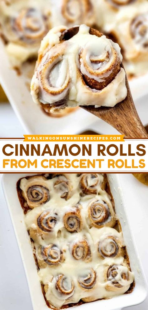 Learn to make Cinnamon Rolls from Crescent Rolls for the best Fall baking recipe! Made with a tube of crescent rolls, cinnamon, sugar, and a homemade cream cheese frosting. This cinnamon roll recipe is a delicious Fall baked goods! Pecan Rolls With Crescent Rolls, Crescent Sheet Cinnamon Rolls, How To Make Cinnamon Rolls With Crescent Rolls, Pillsbury Crescent Cinnamon Roll Recipes, Breakfast Cinnamon Rolls Easy, Cinnamon Rolls Out Of Crescent Rolls, Cinnamon Crescent Roll Recipes, Cinnamon Rolls Croissant Dough, Christmas Morning Breakfast Casserole Crescent Rolls