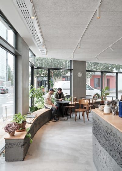 Atelier MIMA · La Maison - Boulangerie Café · Divisare Cafe Bench, Cafe Plan, Coffee Shop Architecture, Coffee Shop Concept, Shop Architecture, Library Cafe, Bakery Interior, Cafe Seating, Cafe Concept