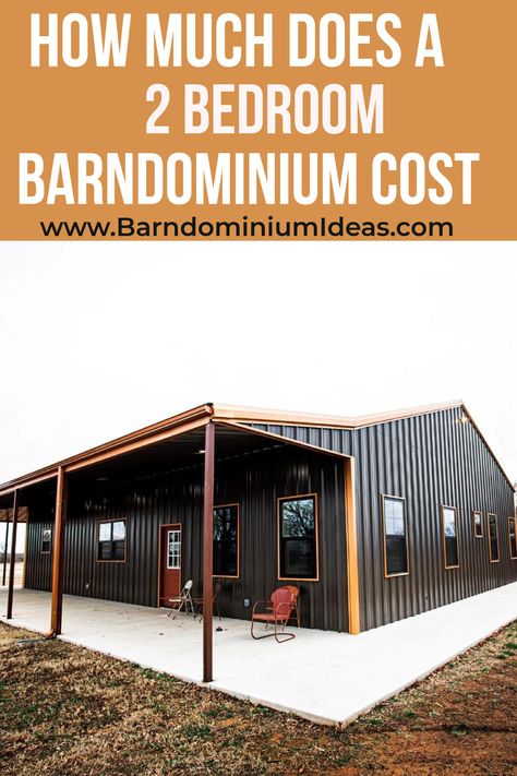 The average cost of building a basic barndominium is $180,000 to $360,000. The price is low because it is constructed relatively quickly, saving you money on labor costs. The cost of the kit can also range from $5,000 to $70,000, depending on the style you want and the size. The kit includes the roof, beams, and walls. Metal Garage House, Small Barndominium Ideas With Garage, Inexpensive Barndominium Ideas, Basic Barndominium, Two Bedroom Barndominium, Small Pole Barn Homes Simple, Metal Building Homes Interior, Pole Barn House Cost, 2 Bedroom Barndominium