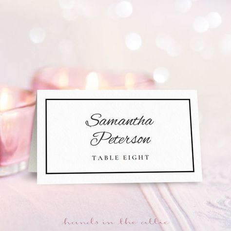 Wedding Place Cards You Can Print for Free: Wedding Place Card Templates from Hands in the Attic Free Place Card Template, Card Template Free, Wedding Seating Cards, Printable Place Cards, Pop Up Card Templates, Table Name Cards, Wedding Name Cards, Wedding Place Card, Place Card Template