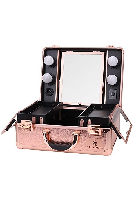 LUVODI Professional Makeup Case with Mirror and Lights Portable Train Case Dimmable LED Bulbs Travel Cosmetic Suitcase Vanity Beauty Box, Rose Gold : Amazon.co.uk: Home & Kitchen Suitcase Vanity, Makeup Suitcase, Professional Makeup Case, Computer Basic, Makeup Train Case, Makeup Training, Interactive Stories, Train Case, Luxury Makeup