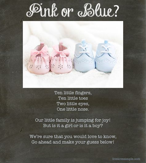 livelovesimple.com | Gender Reveal Poem   #boyorgirl #genderreveal #genderrevealpoem #pinkorblue #pregnancy #riddle Gender Reveal Poem, Pregnancy Announcement Riddles, Baby Announcement Message, Baby Boy Poems, Coral Baby Girl Nursery, Boy Shower Themes, Baby Poems, Pregnant With Boy, Boy Announcement