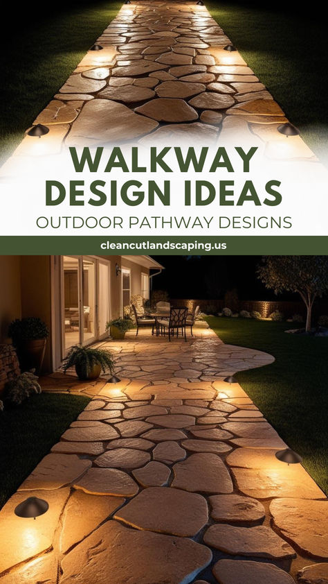 A beautifully designed stone walkway leading to a cozy front yard, surrounded by lush greenery and pathway lights. Pathways Ideas Walkways, Modern Pavers, Walkways To Front Door, Walkway Design Ideas, Stone Pathways, Outdoor Renovation, Outdoor Look, Walkway Design, Front Walkway