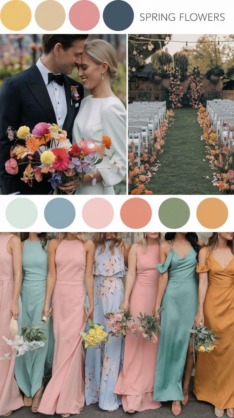 Spring wedding color palette and bridesmaid dresses. Cottagecore Wedding Color Palette, Wedding Spring Color Schemes, April Wedding Colors Spring, Wild Flower Wedding Theme Color Schemes, Outdoor Spring Wedding Ideas, Spring Wedding Colors Schemes, Wedding Outline, Wedding Aesthetic Ideas, Color Palette For Spring