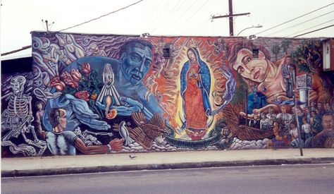 East LA Murals: Deteriorating Chican@ Realities | UCLA Theme Housing Chicano Love, Estilo Cholo, Latino Art, Mexican Culture Art, East La, East Los Angeles, Virgin Of Guadalupe, Street Mural, Street Graffiti