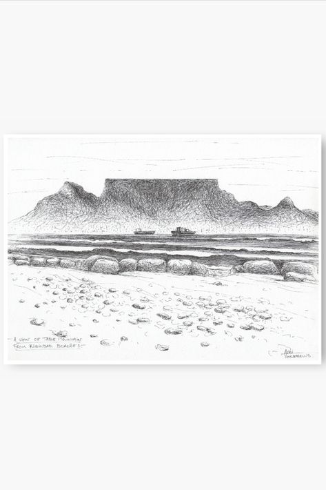 A Museum-quality fine art print made from one of Table Mountain pen sketch drawings.
Printed in black ink on thick and durable off-white matte paper.
Add calming wall decor art to your room or office with this mountain & beach seascape print. Mountains To Beach Tattoo, Beach And Mountain Drawing, Table Mountain Drawing, Mountain And Ocean Drawing, Table Mountain Line Drawing, Pen Mountain Drawing, Mountain Drawing, Table Mountain, Pen Sketch