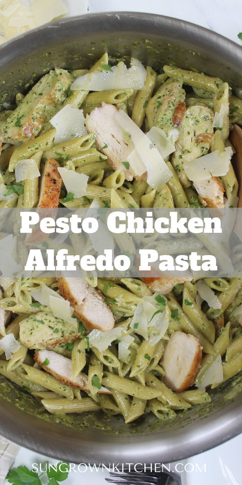 Penne pasta with creamy pesto sauce, sliced chicken and Parmesan cheese. Chicken Alfredo Pesto Pasta, Pesto Chicken Pasta One Pot, Chicken Pesto Fettuccine, Pesto Alfredo Pasta, Freezer Pesto, Creamy Pesto Chicken Pasta Recipes, Pesto Alfredo, Grilled Italian Sausage, Creamy Pesto Chicken Pasta