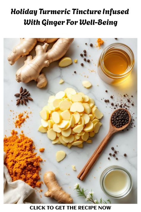 Turmeric powder, sliced ginger, whole ginger root, honey, star anise, and black pepper arranged on a marble surface. Turmeric Tincture, Ginger Tincture, Infused Oil Recipes, Herbal Vinegar, Fresh Turmeric Root, Tinctures Recipes, Fresh Turmeric, Homemade Cocktails, Chef Inspiration