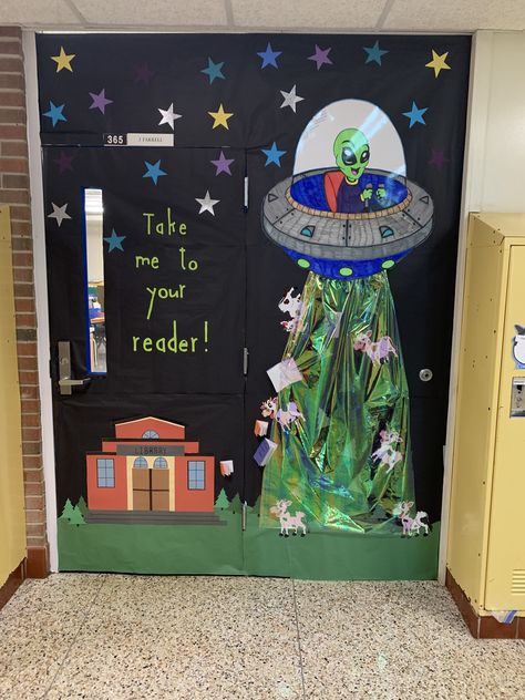 Space Theme Library, Galaxy Bulletin Board, Alien Classroom Theme, Space Classroom Decorations, Space Theme Bulletin Boards, Reading Is Out Of This World, Outer Space Bulletin Boards, Space Theme Book Fair, Space Classroom Door