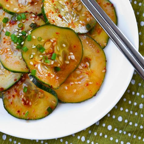 Recipe: Spicy Korean Cucumber Salad — Recipes from The Kitchn Spicy Korean Cucumber, Oi Muchim, Korean Cucumber Salad, Korean Cucumber, Spicy Korean, Cucumber Recipes Salad, Potluck Dishes, Asian Cooking, Cucumber Salad