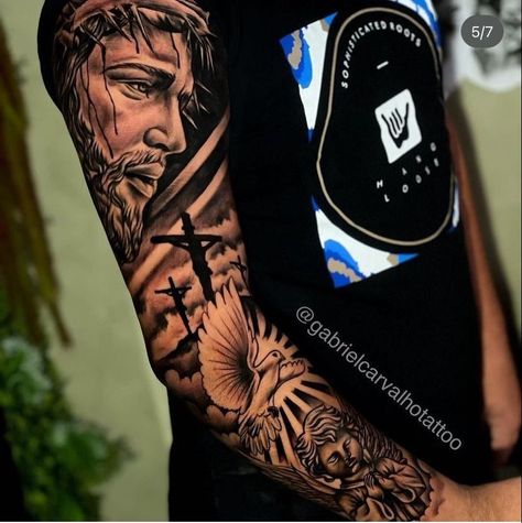 Realism Tattoo Sleeve For Men, Realism Tattoo Sleeve, Tattoos Jesus, Jesus Tattoo Sleeve, Rip Tattoos For Dad, Chest Tattoo Female Upper, Tattoo Jesus, Art Inspired Tattoos, Lion Tattoo Sleeves