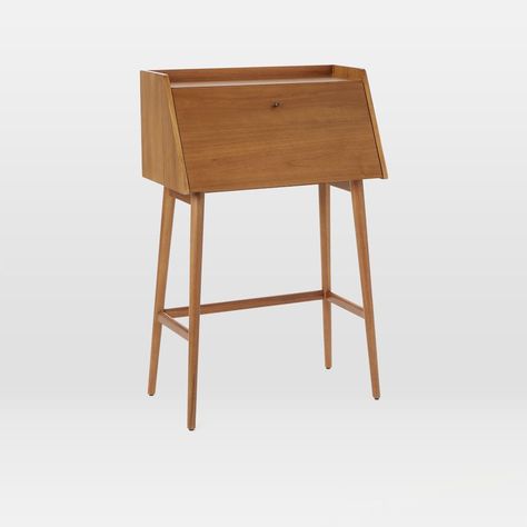 Mid-Century Mini Secretary | West Elm Ladder Shelf Desk, West Elm Desk, Wide Bookshelf, Parchment Design, 60s Furniture, Mid Century Office, Mini Desk, Secretary Desk, Secretary Desks