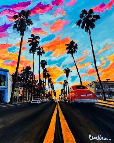 California Acrylic Painting, Skyline Canvas Painting, Acrylic Street Painting, Himi Paintings, Street Painting Acrylic, Canvas Art Painting Ideas, La Painting, Usa Painting, Painterly Art