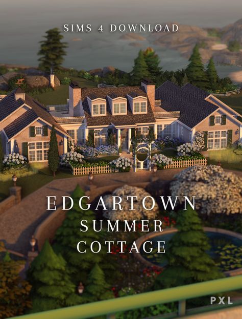 Edgartown Summer Cottage — Build for TS4 ❤ Sims 4 Cottage House Download, Cottage Build, Sims 4 Cottage, Sims 4 Houses Layout, The Sims 4 Lots, Sims 4 Family, Sims 4 Studio, Sims 4 House Plans, Sims 4 House Building