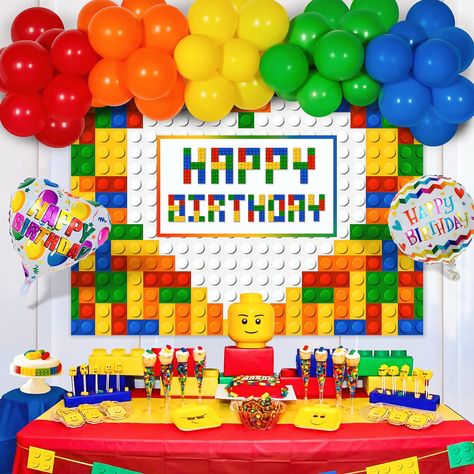 PRICES MAY VARY. BUILDING BLOCKS PARTY DECORATIONS KIT INCLUDES - 1pc 5FT x 3FT (150CM x 90CM) building blocks backdrop, building blocks balloon garland includes 2pcs colorful foil balloons, 35pcs 12" latex balloons, 20pcs 5" latex balloons, 1pc balloon strip tape, 1pc balloon tie tool, 1pc glue dots. SUITABLE FOR VARIOUS OCCASIONS - This building blocks decorations kit is suitable for building blocks birthday party, building blocks party and all over party. Use your imagination and put it in mo Lego Party Balloons, Lego Balloons, Block Birthday Party, Bday Party Kids, Lego Birthday Party, Garland Arch, Lego Birthday, Minecraft Birthday, Birthday Party Balloon