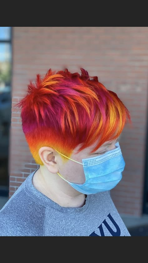 Orange Hair Ideas For Short Hair, Fire Pixie Hair, Sunset Hair Color Short Pixie, Short Bright Colored Hair, Short Hair Vivid Color Ideas, Vivid Pixie Hair, Colorful Pixie Hair, Shaved Hair Designs Undercut, Spring Vivid Hair Color