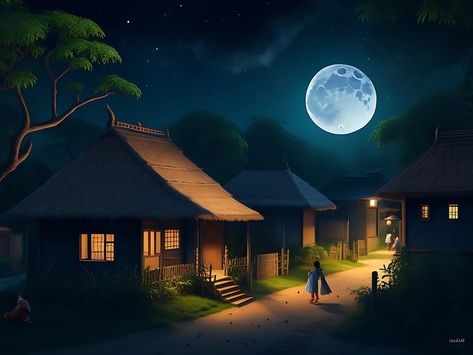 A Moon Night Village View Illustration#pikbest##Backgrounds Village Animation Background, Cartoon Village Background, Village Night View, Night Scene Painting, Night Village, Night Moon Images, Beautiful Scenery Paintings, Village Illustration, Buddha Wallpapers