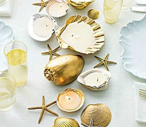 40+ outstanding seashell craft ideas and sea glass craft ideas. Beach themed decorator crafts. Make beautiful crafts using seashells and sea glass. Project ideas for kids crafts and adult crafts. Preppy Party, Seashell Candles, Seashell Projects, Shell Candles, Tablescape Inspiration, Candleholder Centerpieces, Wedding Floral Centerpieces, Holiday Tablescapes, Painted Shells