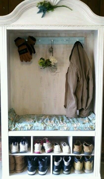 Mudroom, two layered cubbies Armoire Repurpose, Coat And Shoe Storage, Muebles Shabby Chic, Tv Armoire, Antique Armoire, Repurposed Items, Refurbished Furniture, Recycled Furniture, Shoe Organizer