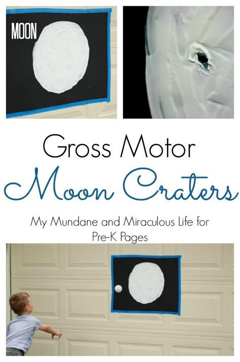 Moon Crater Gross Motor Activity. A super fun activity for learning about craters and the atmosphere for an outer space theme. Perfect for getting your Preschool and Kindergarten kids active and moving while learning! - Pre-K Pages Astronaut Theme Preschool Activities, Astronaut Preschool Activities, Earth Preschool, Space Activities For Preschoolers, Space Lesson Plans, Moon Craters, Space Theme Preschool, Space Week, Moon Activities