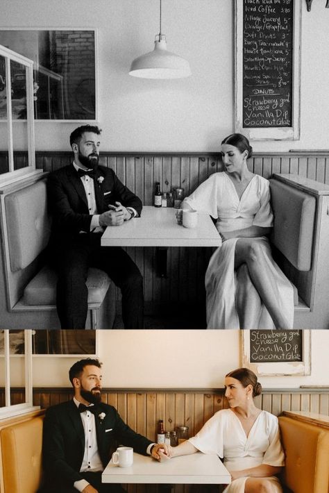 Bride and groom take unique couples photos in diner before wedding ceremony. Wedding photos in restaurant. Diner Wedding Photos, Diner Couple Photoshoot, Diner Engagement Photos, Diner Wedding, Conversation Room, Pie Pictures, Married Af, Retro Couple, Courthouse Wedding Photos