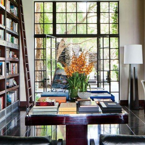 House With Library, Celebrity Home, Movie Producer, Library Study, Interior Design Minimalist, Home Libraries, Home Library, Glass House, Architectural Digest