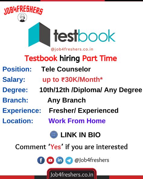 Testbook Off Campus Recruitment has announced a job notification for the post of Tele Counselor for the Work From Home, India locations Part Time Jobs For Students, Jobs For Students, Part Time Work, Best Part Time Jobs, Part Time Job, Off Campus, Student Jobs, Online Student, Job Work