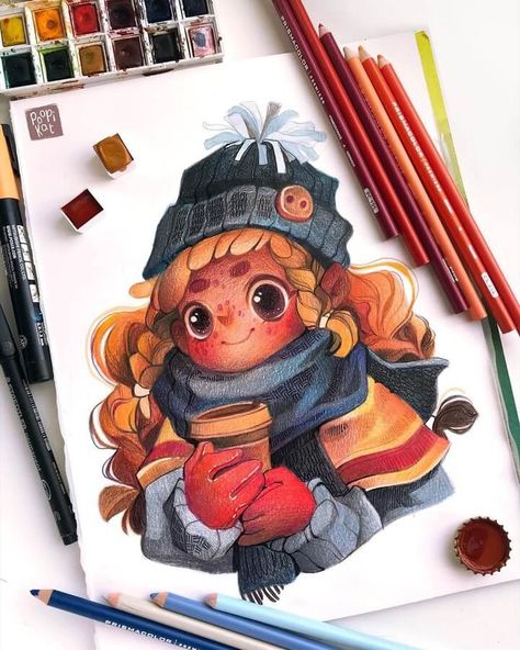 Wrapped up on a cold day by Kate P. Pencil And Watercolor, Color Pencil Illustration, Illustration Art Kids, Book Illustration Art, So Busy, Nature Art Painting, Art Drawings Sketches Creative, Color Pencil Art, Color Pencil